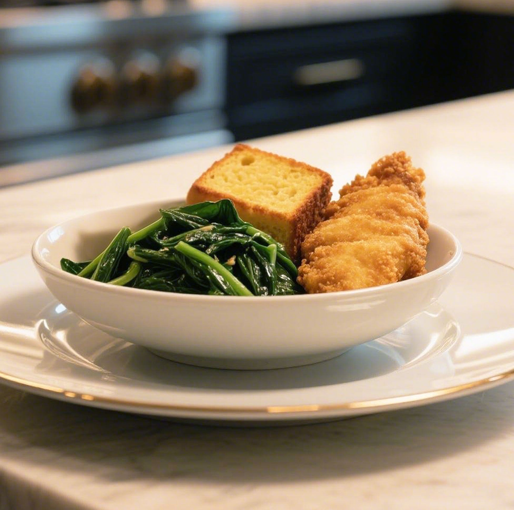 Collard Greens, Skillet Cornbread, and Fried Catfish