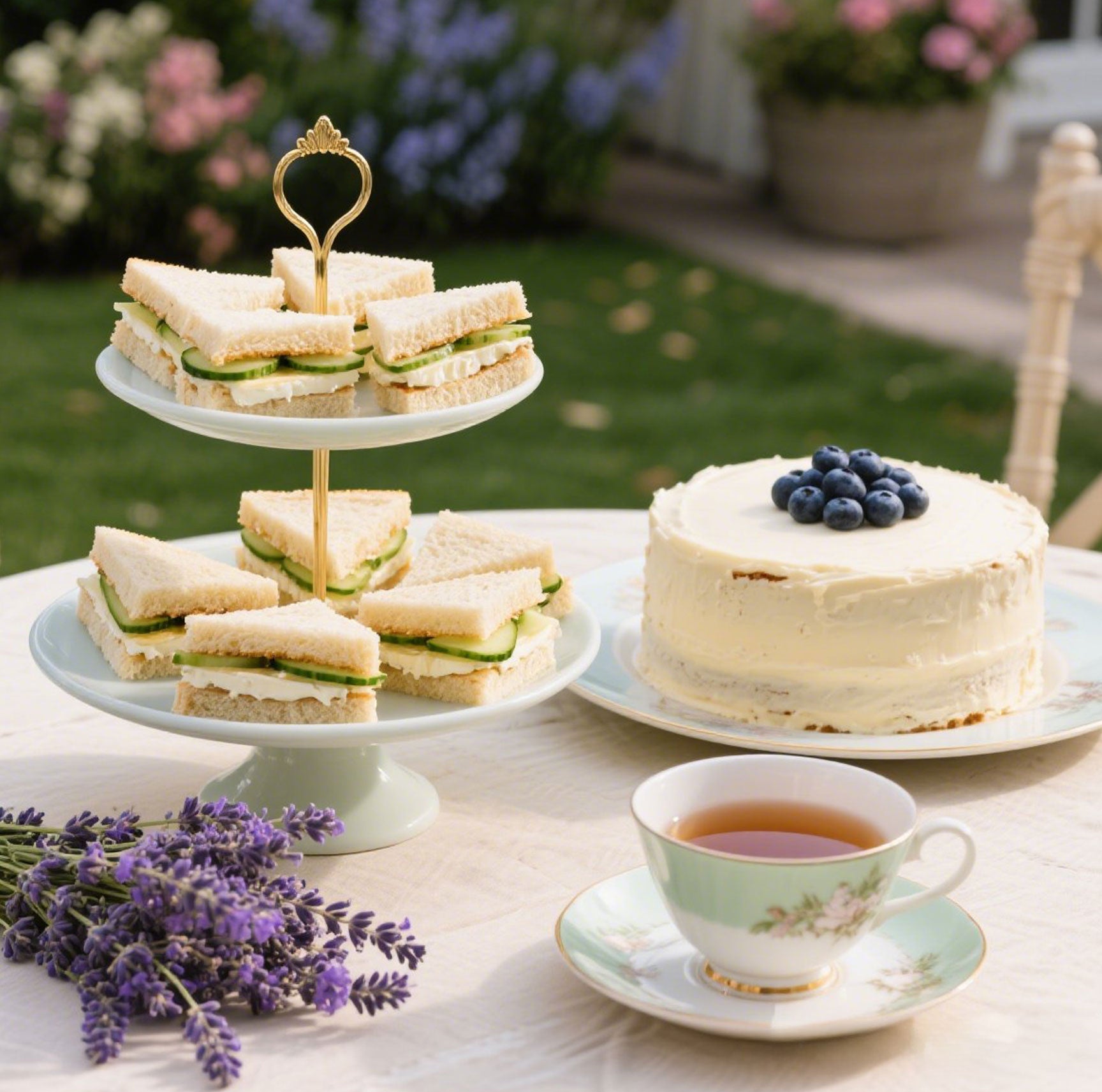 Tea Sandwiches and Blueberries Cake